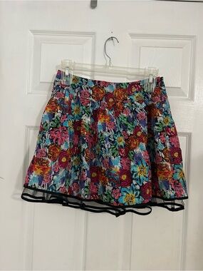 Forever 21 Multicolor Floral Skater Skirt with Black Trim Sz S